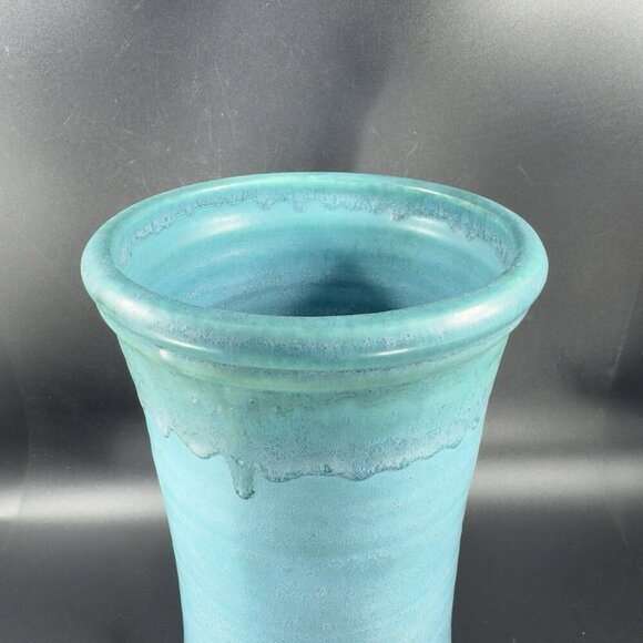 1995 Galena Pottery Company Large Heavy Vase Vessel Turquoise Drip Glaze Signed - Picture 11 of 16
